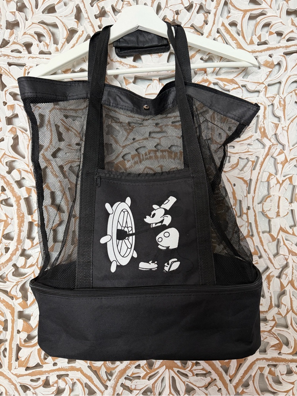 Disney Steamboat Willie Black Mesh Cooler Beach Bag with Cartoon Print